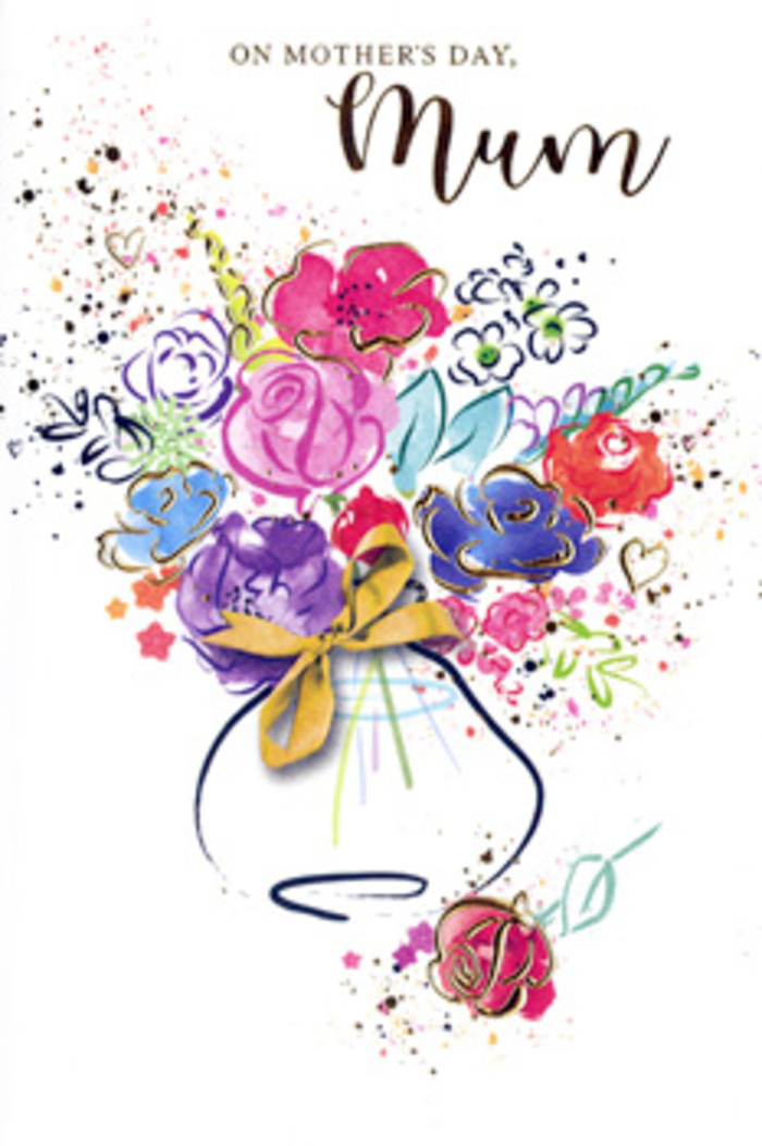 Artistic Mother's Day card illustration featuring a lively watercolour bouquet that captures the emotion of gifting flowers in South Norwood on a bright spring afternoon. At the centre of the design, bold cerise and hot pink blooms open wide, their petals traced in deep indigo lines that add a sense of definition while preserving the fluid softness of watercolour. Around these focal flowers, daubs of lavender, cornflower blue, apricot, and fresh leafy green overlap and blend, creating a layered effect that resembles a loosely gathered hand-tied bouquet held up in the soft daylight along the streets near Norwood Junction. Subtle golden detailing skims the edges of select petals and leaves, adding a delicate shimmer that suggests warm sunlight catching the bouquet as it's carried along Albert Road to a waiting mum. The flowers gather gracefully into a simple, curved vase, painted with translucent washes of colour that hint at glass or softly glazed ceramic. A fine golden bow rests at the vase's neck, recalling the final flourish a florist adds when finishing a special Mother's Day order. Surrounding the arrangement, scattered specks of paint and tiny heart shapes dot the white background, evoking joyful movement and affectionate energy, as though the bouquet itself were radiating love. The composition feels both spontaneous and carefully considered, much like a florist composing a bespoke arrangement with a particular mother in mind. It reads as a visual embrace, an enduring paper bouquet that speaks of gratitude, tenderness, and the everyday beauty found in South Norwood family life.